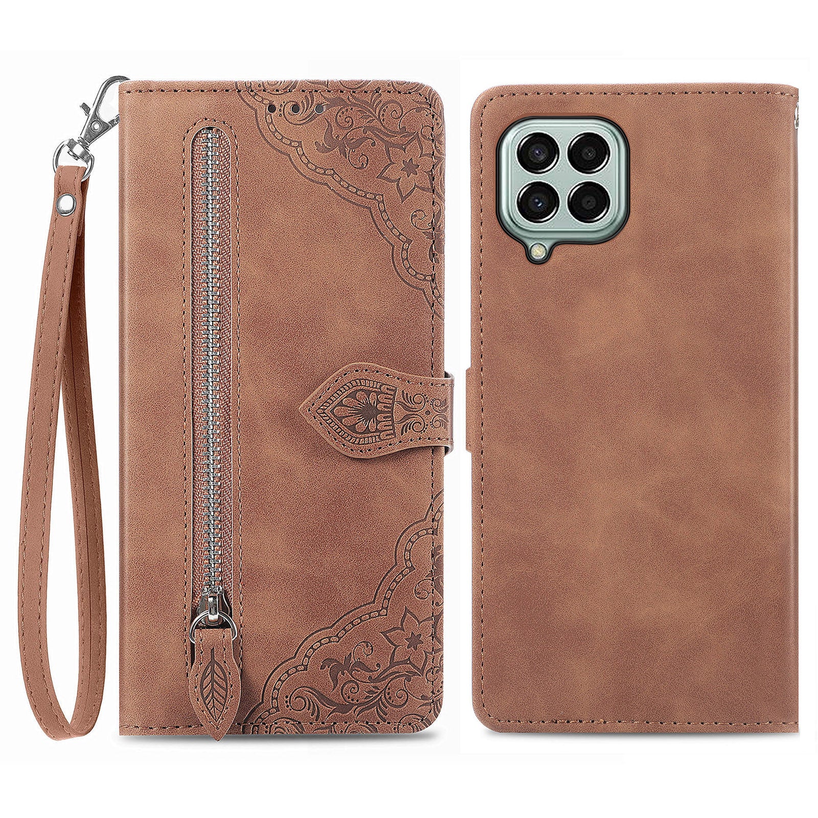 Cell Phone Cover For Samsung Galaxy M33 5G (Global Version) Flower Imprinted Pattern PU Leather Zipper Pocket Anti-fall Protective Phone Wallet Case with Stand Cell Phone Cover For Samsung Galaxy M33 5G (Global Version) Flower Imprinted Pattern PU Leather Zipper Pocket Anti-fall Protective Phone Wallet Case with Stand